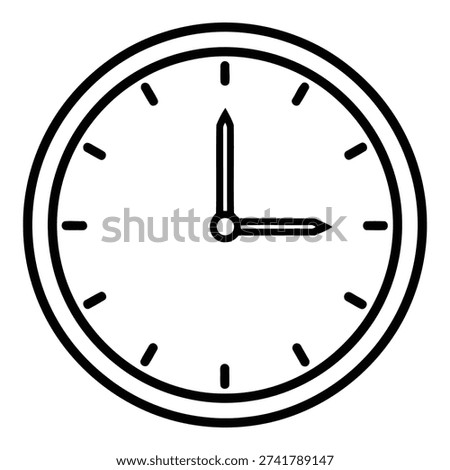 This image depicts a simple, black and white clock face with a thin black border. The clock has two hands, an hour hand and a minute hand, both of which are black. The hour hand is pointing at the 1, and the minute hand is pointing at the 12, indicating the time is exactly 1:00. The clock face is divided into 12 sections, each marked with a short black line.