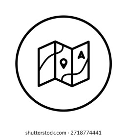 Esta Imagen representa un ícono simple en blanco y negro de un mapa. El mapa presenta una carretera sinuosa con un pasador que marca una ubicación específica y una brújula que indica la dirección. El mapa está encerrado dentro de un borde circular.