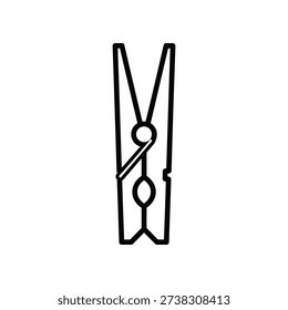This image depicts a simple, black-and-white line drawing of a clothespin. The clothespin features two spring-loaded metal clips attached to a horizontal bar, which is connected to a vertical pin. The design is minimalistic and functional, commonly used for holding fabric or paper together.