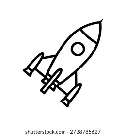 This image depicts a simple, black-and-white line drawing of a rocket. The rocket has a sleek, conical shape with a circular window near the top. It is oriented diagonally, suggesting upward motion. The design is minimalistic, consisting of clean lines without shading or additional details, giving it a modern and abstract appearance. The rocket features two small fins at the base and a small flame at the bottom, indicating propulsion. It is a versatile icon that can be used in various contexts such as space exploration, technology, or travel themes.