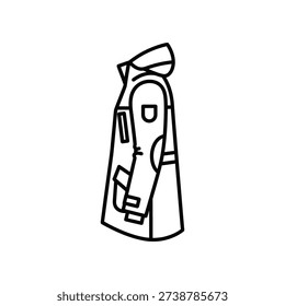 This image depicts a simple, black-and-white line drawing of a person wearing a voluminous winter jacket. The jacket features a hood, multiple pockets including chest and side pockets, and appears to be designed for cold weather. The drawing is stylized with clean, bold lines and lacks detailed facial features or intricate background elements.