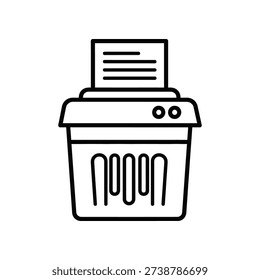 This image depicts a simple, black-and-white line drawing of a shredder device. The shredder is shown with a paper sheet being inserted into the top slot, and the bottom part displays shredded paper strips emerging from the machine. The design is minimalistic and geometric, suitable for use in icons or simple visual representations.