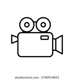 This image depicts a simple, black-and-white line drawing of a vintage film camera. The camera features two round lenses on top resembling eyes, a lens hood at the front, and a small rectangular viewfinder on the side. The design is minimalistic and geometric, emphasizing the classic look of older film cameras.