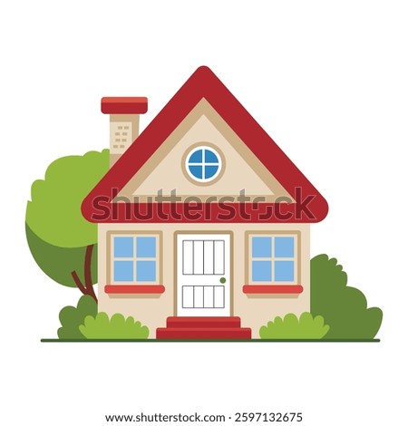 This image depicts a simple, cartoon-style illustration of a small house with a red roof, light beige walls, and a white door.