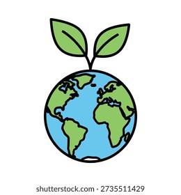 This image depicts a simple, colorful illustration of the Earth with two green leaves sprouting from the top, symbolizing growth and environmental sustainability