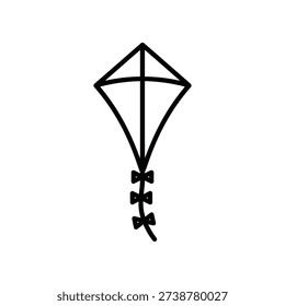 This image depicts a simple and elegant line drawing of a traditional kite. The kite features a diamond shape with a crossbar frame and a single tail made of three thin lines, each ending in a bow. The drawing is rendered in black and white, giving it a classic and timeless appearance.