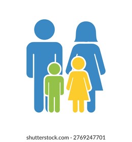 This image depicts a simple family illustration consisting of two adult figures, one male on the left and one female on the right, both in blue. They are accompanied by two children, one boy in green and one girl in yellow, positioned between the adults. The figures are stylized with basic shapes and colors.