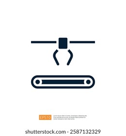 This image depicts a simple graphic of a robotic claw over a conveyor belt, symbolizing automation and industrial processes.