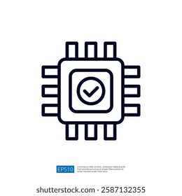This image depicts a simple graphic representation of a microchip with a checkmark, symbolizing approval or functionality in technology.