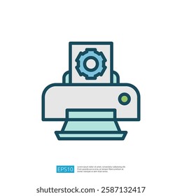This image depicts a simple illustration of a printer with a gear icon, symbolizing technology and functionality in printing processes.