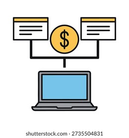 This image depicts a simple illustration of online transactions with a laptop connected to two documents and a dollar sign, symbolizing money transfer and digital payment