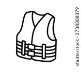 This image depicts a simple line drawing of a life jacket, also known as a personal flotation device (PFD). The design features adjustable straps across the chest for securing the vest to the wearer. Life jackets are essential safety equipment used in water activities to prevent drowning by keeping the wearer afloat.