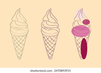 This image depicts a simple line drawing of three ice cream cones. The cones are drawn in black and white, with the addition of pink and purple colors to the rightmost cone