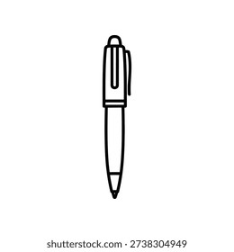 This image depicts a simple line drawing of a ballpoint pen standing upright. The pen features a black body with a retractable mechanism at the top and a small clip near the cap. The tip of the pen is pointed, indicating it is ready for writing. The design is minimalistic and clean, focusing on the essential features of a standard ballpoint pen.