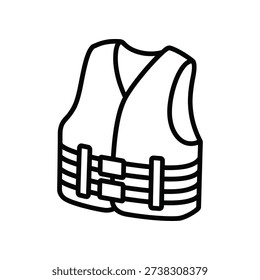 This image depicts a simple line drawing of a life jacket, also known as a personal flotation device (PFD). The design features adjustable straps across the chest for securing the vest to the wearer. Life jackets are essential safety equipment used in water activities to prevent drowning by keeping the wearer afloat.