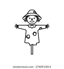 This image depicts a simple line drawing of a scarecrow made from a bundle of straw or hay. The scarecrow has a conical hat, a cheerful face with a smile, and arms outstretched as if welcoming someone. It is standing on a single stick, giving it a friendly and approachable appearance.