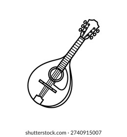 This image depicts a simple line drawing of a mandolin, a stringed musical instrument. The mandolin has a teardrop-shaped body, a flat top with a round sound hole, and a fretted neck extending into a scroll-like peghead with tuning pegs. The instrument features multiple strings that run over a bridge and are attached to the body.