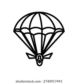 This image depicts a simple line drawing of a parachute fully deployed, connected to a harness system. The parachute canopy is composed of several curved lines forming a dome shape, and the suspension lines are shown converging towards the harness. The harness is illustrated with basic straps and a circular attachment point, emphasizing the connection between the parachutist and the parachute.