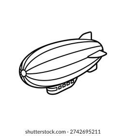 This image depicts a simple line drawing of a vintage zeppelin. The airship features a streamlined, elongated body with a pointed nose and a tail fin. The structure includes a rigid frame and a series of evenly spaced windows along the side, indicative of a passenger or observation deck. The design evokes a sense of early 20th-century aviation and air travel.