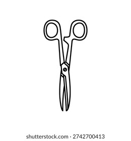 This image depicts a simple line drawing of a pair of scissors. The scissors are open, showing their sharp, pointed blades converging at the bottom. The handles are circular and connected by a pivot screw in the middle. The design is minimalistic and lacks any additional decorative elements.