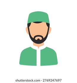This image depicts a simple line drawing of a person with a light brown face, a full black beard, and mustache. The individual is wearing a green cap and a matching green garment with buttoned collars. The style is minimalistic and cartoonish, suitable for various graphic uses.