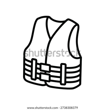 This image depicts a simple line drawing of a life jacket, also known as a personal flotation device (PFD). The design features adjustable straps across the chest for securing the vest to the wearer. Life jackets are essential safety equipment used in water activities to prevent drowning by keeping the wearer afloat.