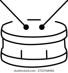 Esta imagem representa uma ilustração simples e minimalista de um tambor. O tambor possui duas baquetas posicionadas para atingir a cabeça de tambor, que tem dois pequenos círculos representando alças de afinação. O tambor tem um corpo cilíndrico com linhas horizontais que indicam a estrutura do tambor.