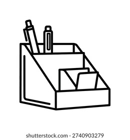 This image depicts a simple, open-top desk organizer containing three pens and a pencil, along with a small notepad or sticky note placed inside. The holder is designed to keep writing instruments and small papers neatly arranged on a workspace.