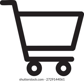 Esta Imagen representa un ícono de Carrito de compras simple. El Carrito está delineado en negro con un mango en la parte superior y dos ruedas en la parte inferior. Es un símbolo común utilizado para representar las compras en línea o el acto de comprar artículos.