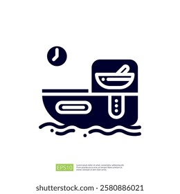 This image depicts a simple, stylized boat with a bowl and spoon, possibly representing food or dining on water. A clock icon suggests a time-related theme.