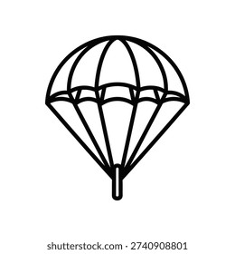 This image depicts a simple, stylized parachute with a canopy divided into multiple segments by connecting lines. The parachute is attached to suspension lines converging into a single point at the bottom, representing the harness or attachment point. The design is minimalist and monochromatic, emphasizing the structure and form of the parachute.