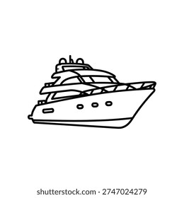 This image depicts a simple, stylized line drawing of a sleek luxury yacht. The yacht features multiple decks, including an upper deck with a cabin or sunbed area, and is shown from a side angle. It has a modern design with a prominent bow and a streamlined hull, suggesting speed and elegance. The drawing is minimalistic and lacks detailed background elements, focusing solely on the yacht itself.