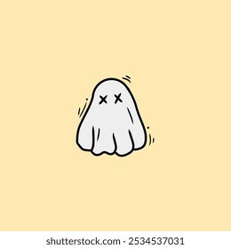 Esta Imagen representa un Vector simple de un fantasma lindo y Pequeño con X para los ojos, delineado en negro, flotando sobre un fondo amarillo suave.