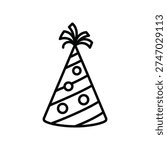 This image depicts a simple yet elegant birthday party hat. The hat is cone-shaped with diagonal stripes running from the base to the top. It has three evenly spaced circles on the front, resembling buttons or decorative elements. At the top of the hat, there is a small bow or tuft of curls, adding a festive touch. The drawing is minimalistic and suitable for use in various party-related themes or designs.