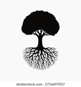 This image depicts a simple yet elegant silhouette of a tree with its roots clearly visible. The tree stands tall with a full canopy, and its extensive root system is spread out beneath it. The stark contrast between the black silhouette and the white background emphasizes the intricate details of the tree and its roots.