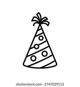 This image depicts a simple yet elegant birthday party hat. The hat is cone-shaped with diagonal stripes running from the base to the top. It has three evenly spaced circles on the front, resembling buttons or decorative elements. At the top of the hat, there is a small bow or tuft of curls, adding a festive touch. The drawing is minimalistic and suitable for use in various party-related themes or designs.