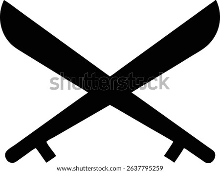 This image depicts a simple yet bold black silhouette of two machetes that are crisscrossed, creating an 'X' shape. The background is white, emphasizing the sharp lines.