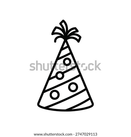 This image depicts a simple yet elegant birthday party hat. The hat is cone-shaped with diagonal stripes running from the base to the top. It has three evenly spaced circles on the front, resembling buttons or decorative elements. At the top of the hat, there is a small bow or tuft of curls, adding a festive touch. The drawing is minimalistic and suitable for use in various party-related themes or designs.