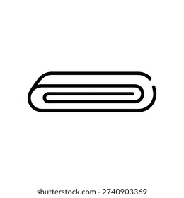 This image depicts a simplified, black-and-white line drawing of a cassette tape. The design is minimalistic, featuring two spools at either end connected by a flat tape body with a small gap in the middle, representing the tape's open section. The overall style is clean and geometric, making it suitable for modern designs and icons.