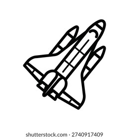 This image depicts a simplified, clean line drawing of a space shuttle in mid-flight. The shuttle is oriented diagonally, showcasing its wings and tail fins in a minimalist, monochromatic style. The design emphasizes the structural details and aerodynamic shape without color or background distractions.