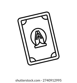 This image depicts a simplified line drawing of a playing card showing the five of clubs suit. The card has rounded corners and features a stylized graphic in the center with two hands raised in a gesture, possibly indicating celebration or applause. The design is minimalistic and monochromatic, focusing on the essential elements of the card.