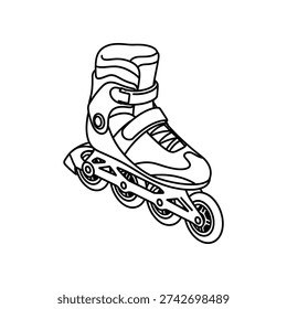 This image depicts a single roller skate designed for inline skating. The skate features four aligned wheels, a sturdy boot-like structure for foot support, and adjustable straps for a secure fit. The design emphasizes safety and stability, making it suitable for beginners and experienced skaters alike. The illustration is in a monochromatic line art style, highlighting the skate's key components and overall structure.
