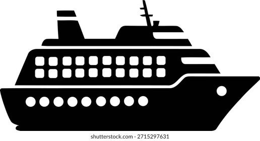 Esta Imagen representa un crucero elegante y moderno con múltiples cubiertas y ventanas. El barco cuenta con un puente prominente y un embudo distintivo, lo que sugiere que está diseñado para viajes de larga distancia y lujo. El estilo de la silueta destaca el diseño aerodinámico y elegante del barco.