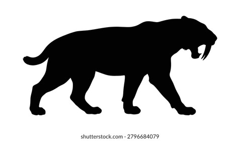 This image depicts a smilodon fatalis an extinct saber-toothed cat rendered as a solid black silhouette against a white background. The distinctive silhouette style emphasizes the animal's form and features.