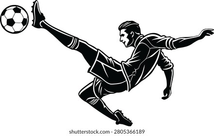 This image depicts a soccer player silhouette in mid-kick with a ball rendered as a black vector illustration on a