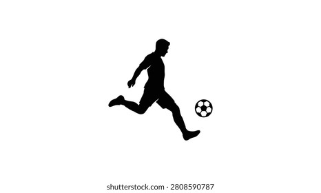 This image depicts a soccer player kicking a ball rendered as a black silhouette against a white background. The silhouette