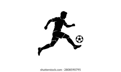 This image depicts a soccer player in mid-kick with a ball rendered as a stark black silhouette against a white