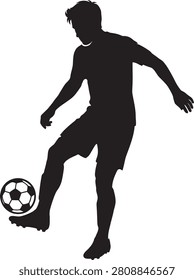 This image depicts a soccer player kicking a ball rendered as a black silhouette against a white background. The silhouette
