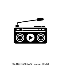 This image depicts a solid black retro music player silhouette, featuring a central play button, two round knobs, and an antenna, set against a clean white background.
