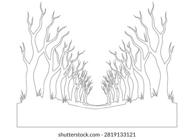This image depicts a spooky, ghostly scene featuring tall, bare trees with twisted branches and limbs extending upwards.